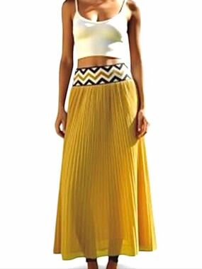 Dear Creatures Anthropologie Mustard Pleated Maxi Skirt Chevron Boho Retro M